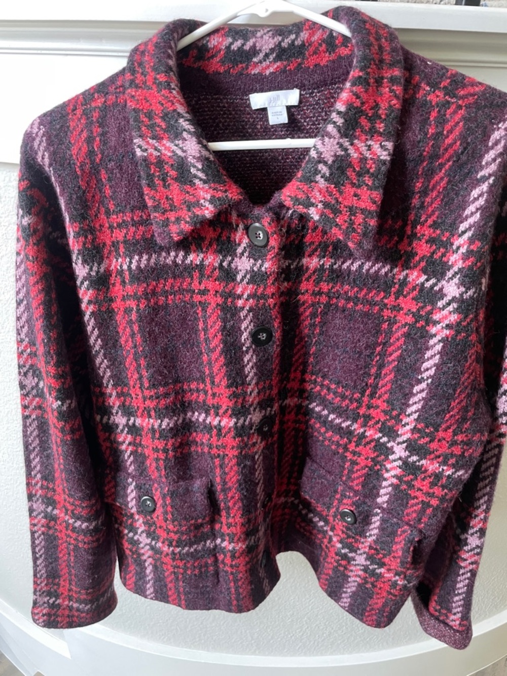 Plaid Button-Front Wool Jacket in Red & Purple